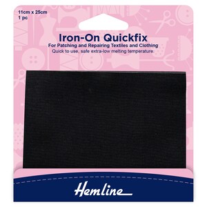 May include: Black iron-on quickfix patch, 11cm x 25cm, for patching and repairing textiles and clothing. The package is pink and white with the text "Iron-On Quickfix" and "Hemline".