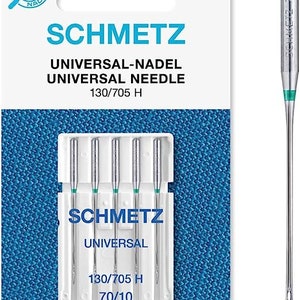 May include: A pack of five silver sewing needles with green tips. The needles are labelled "SCHMETZ UNIVERSAL 130/705 H 70/10".