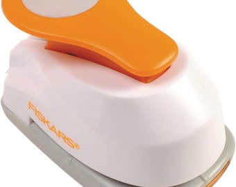 Fiskars Motiv Hebel-Stanzer, Kreis, Durchmesser 1,9 cm, für Links- und Rechtshänder, Kunststoff/Zink, weiß/orange, Hebel-Stanzer