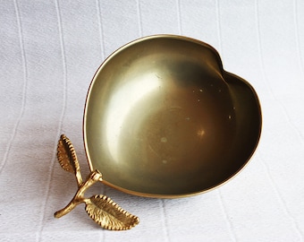 Brass Apple Bowl  Plated Stem and Leaf Candy Nut Trinket Dish Vintage 1970s Brassware