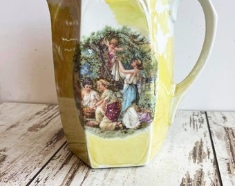 Brocca vaso vintage, bianco giallo, vaso in ceramica, fatto a mano