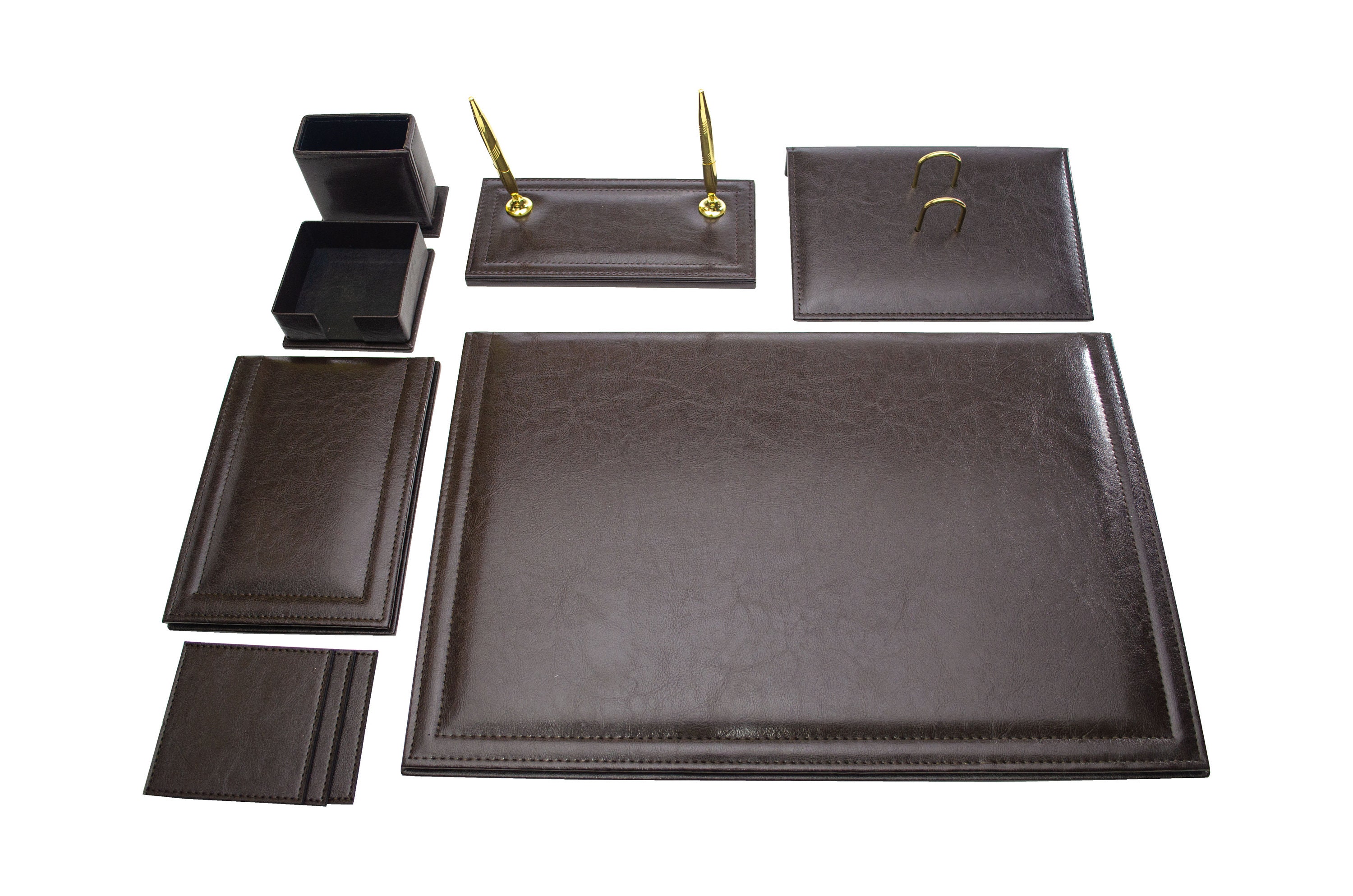 Leather Desk Set - Leather Organizer Desk Set - Walnut Wood Desk Set -  Office Product - Desk Accessories Set - 11 PCS (Black) 