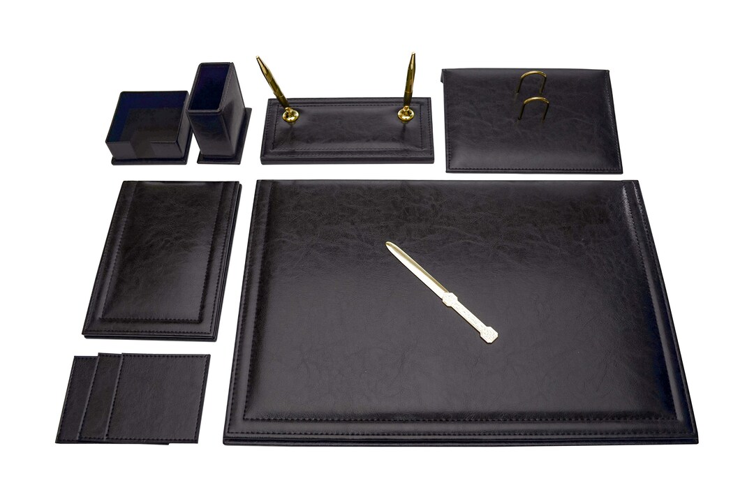 Classic Luxury Desk Set 12 Pieces Black Office Desk Organizer Leather