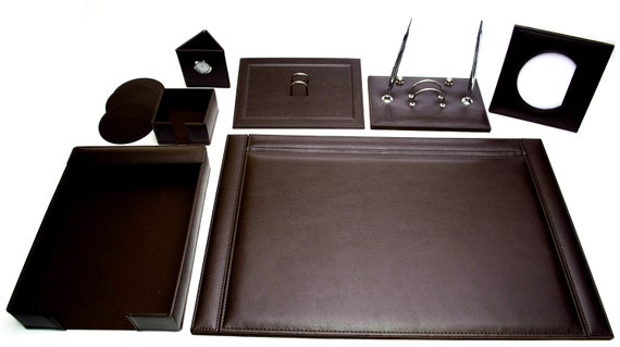 Set da scrivania in pelle di lusso marrone grande 40x60 cm con fodera in  pelle scamosciata 14 pezzi / organizer da scrivania / accessori da scrivania  / tappetino da scrivania / sottomano -  Italia