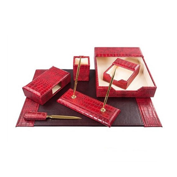 Red Stitched Leather Desk Accessories Set  Leather desk accessories,  Leather desk, Desk accessories