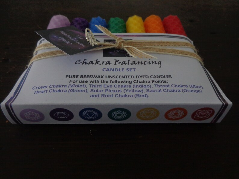 Chakra Candle Set Pure Dyed Beeswax 7 pack Chakra Balancing Reiki Healing Meditation Wicca Eco Packaging Gift Wrapping image 2