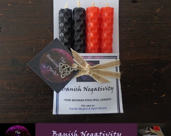 Banish Negativity Beeswax Spell Candles 4 Pack - Black & Red x 2 each - Candle Magick and Spell Rituals - Eco Packaging - Gift Wrapping Optn