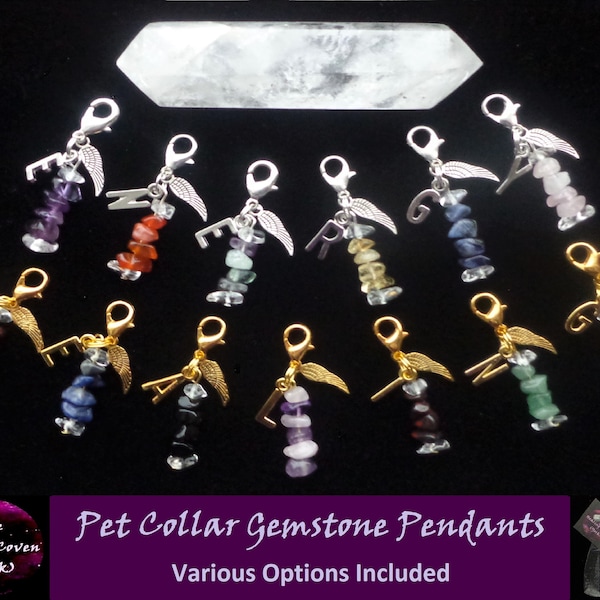 Pet Collar Pendant - Crystal Healing Clip On Charm - 100% Genuine Gemstone Chips with Name Letter and Angel Wing Charms - Handmade to Order