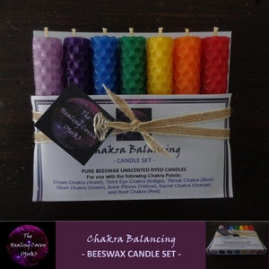 Chakra Candle Set Pure Dyed Beeswax 7 pack Chakra Balancing Reiki Healing Meditation Wicca Eco Packaging Gift Wrapping image 1