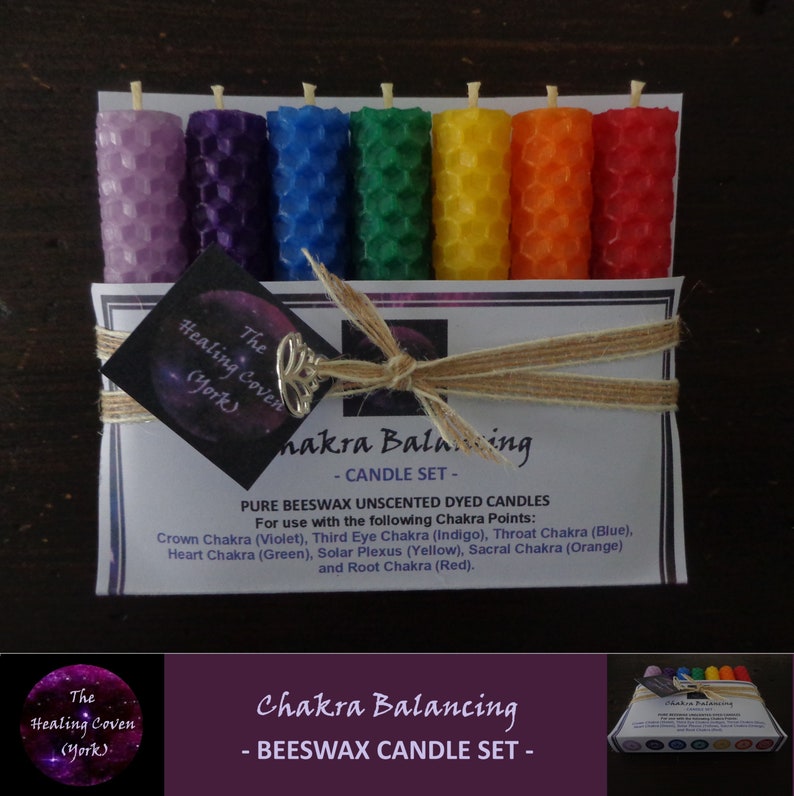 Chakra Candle Set Pure Dyed Beeswax 7 pack Chakra Balancing Reiki Healing Meditation Wicca Eco Packaging Gift Wrapping image 1