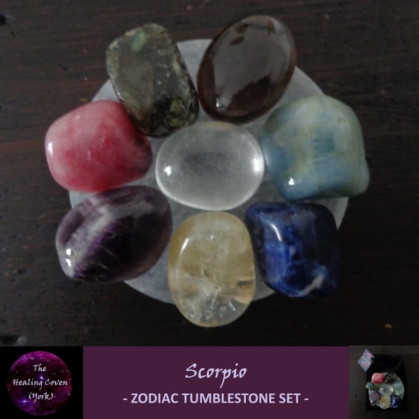 Scorpio Zodiac Tumblestone Set - x 8 High Grade Undyed Gemstones - 7cm Selenite Disc Option - Black Velvet Pouch - Gift Wrapping Options