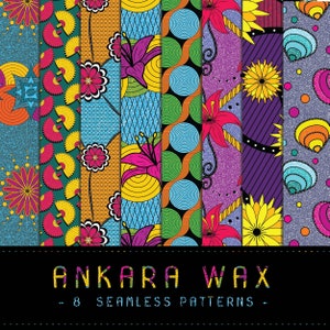 Peut inclure: Huit motifs sans couture colorés inspirés du tissu wax Ankara. Les motifs présentent des formes géométriques, des fleurs et des motifs abstraits dans des couleurs vives comme le violet, le rose, le jaune, le vert et le bleu.