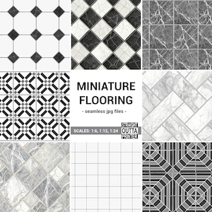 May include: A collage of nine miniature flooring designs. The designs include black and white checkerboard, geometric patterns, and marble-look tiles. The text "MINIATURE FLOORING - seamless jpg files - SCALES: 1:6, 1:12, 1:24" is also visible.