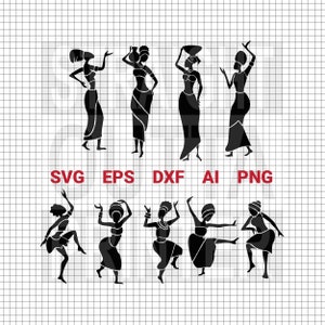 Afro Girls SVG - Clipart di ballerine africane EPS, AI, png, dxf, file di taglio afro, clipart di silhouette di donna africana, file svg per il download di cricut