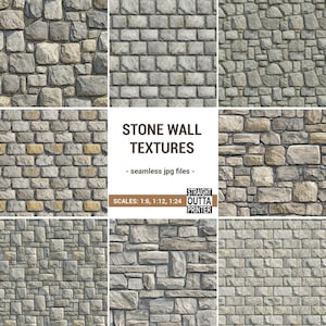 May include: A selection of seamless stone wall textures. The image shows different arrangements of grey and tan stones. The text reads "STONE WALL TEXTURES - seamless jpg files - SCALES: 1:6, 1:12, 1:24".