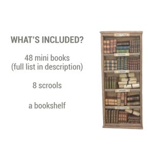 May include: A miniature wooden bookshelf filled with 48 mini books, 8 scrolls, and labeled shelves. The text "WHAT'S INCLUDED?" is displayed, along with the shelf labels "EPIC/LYRIC", "TRAGEDY", "COMEDY", "HISTORY", and "PHILOSOPHY".