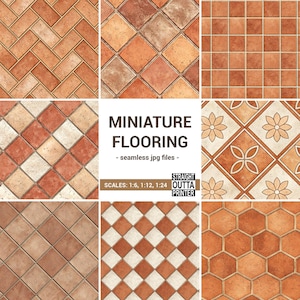 Könnte beinhalten: Eine Auswahl an Miniatur-Bodenbelagsmustern in Braun- und Beigetönen, mit Ziegel-, Diamant- und sechseckigen Fliesendesigns. Der Text "MINIATURE FLOORING - seamless jpg files - SCALES: 1:6, 1:12, 1:24 STRAIGHT OUTTA PRINTER" ist enthalten.
