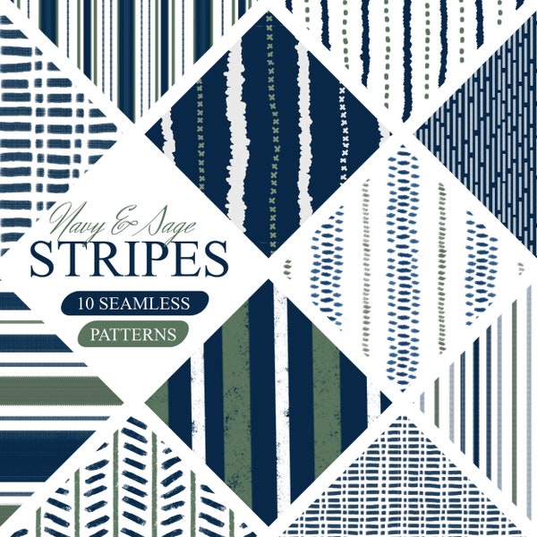 Navy Blue and Sage Green Stripes Seamless Patterns -Pack of 10 Digital Paper - Irregular Stripes Textile Patterns