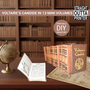 May include: Miniature set of Voltaire's Candide in 13 volumes. The books have brown covers with gold lettering and illustrations. One book is open, displaying printed text and a drawing. The set is on a desk with a globe and map.