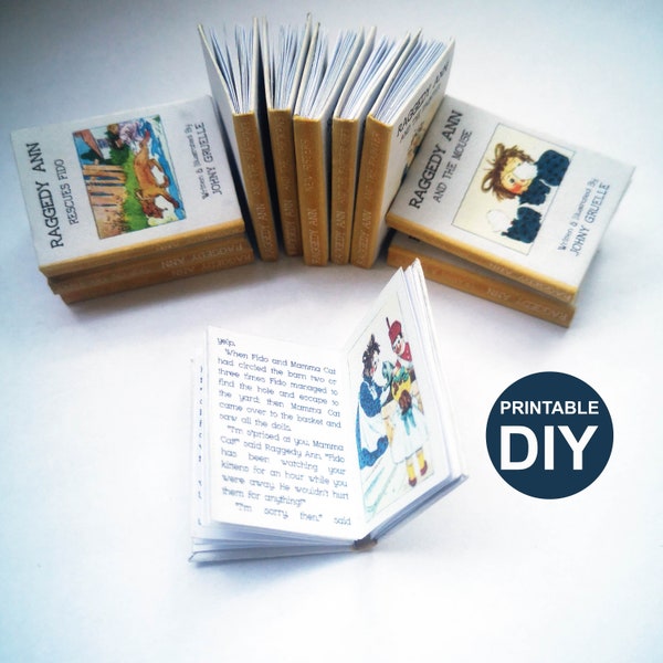 Livres miniatures lisibles kit de bricolage imprimable - Ensemble de 12 - Illustrated Raggedy Ann Mini books - miniatures de maison de poupée