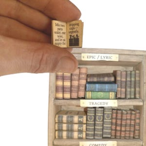 May include: A miniature bookshelf filled with tiny books, labeled "EPIC / LYRIC", "TRAGEDY", and "COMEDY". A small open book is held in front, with text about mixing water and wine. The books have various colors and designs.