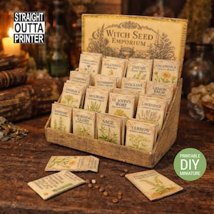 May include: A miniature wooden display stand filled with small seed packets, each labelled with a different herb name. The display is labelled "Witch Seed Emporium". The image also includes the text "Printable DIY Miniature".