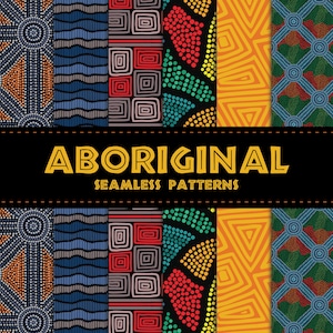 Può includere: Set di 8 motivi senza cuciture di ispirazione aborigena che presentano forme geometriche, punti e linee in colori vivaci come rosso, giallo, blu, verde e nero. I motivi sono perfetti per progetti di tessuto, carta da parati o design digitale.