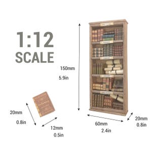May include: A miniature wooden bookshelf with various books and scrolls, labeled with categories like "Epic/Lyric" and "Tragedy." The bookshelf is 5.9 inches tall and 2.4 inches wide. A small book, 0.8 inches tall, is also shown.
