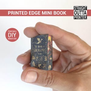 Op de afbeelding: Een miniatuurboek getiteld The Book of Dragons van E. Nesbit met een donkerblauwe kaft voorzien van gouden drakenillustraties en complexe bloemmotieven. Het boek heeft bedrukte paginaranden met een kleurrijk en gedetailleerd ontwerp.