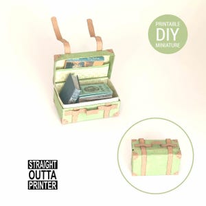 May include: A miniature green suitcase with tan straps and accents, filled with tiny books. The suitcase is open, revealing the interior and contents. The text "PRINTABLE DIY MINIATURE" is in a green circle. The text "STRAIGHT OUTTA PRINTER" is also visible.