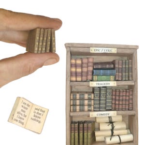 May include: Miniature wooden bookshelf filled with tiny books labeled "Epic/Lyric", "Tragedy", and "Comedy". A small open book displays text. A stack of miniature books is held in a hand. The books have aged, antique-style covers.