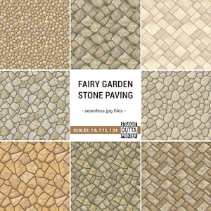 May include: A selection of seamless JPG files showcasing different stone paving textures. The image presents textures of rounded pebbles, irregular stones, and geometric patterns, ideal for fairy garden designs. The text "FAIRY GARDEN STONE PAVING" is displayed.