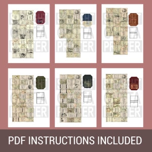 Op de afbeelding: Zes bedrukbare vellen met instructies voor het maken van een miniatuurboek. Elk vel heeft een ander omslagontwerp met een vintage esthetiek. De omslagen omvatten een rood, blauw, groen en bruin boek met een titel en auteur.