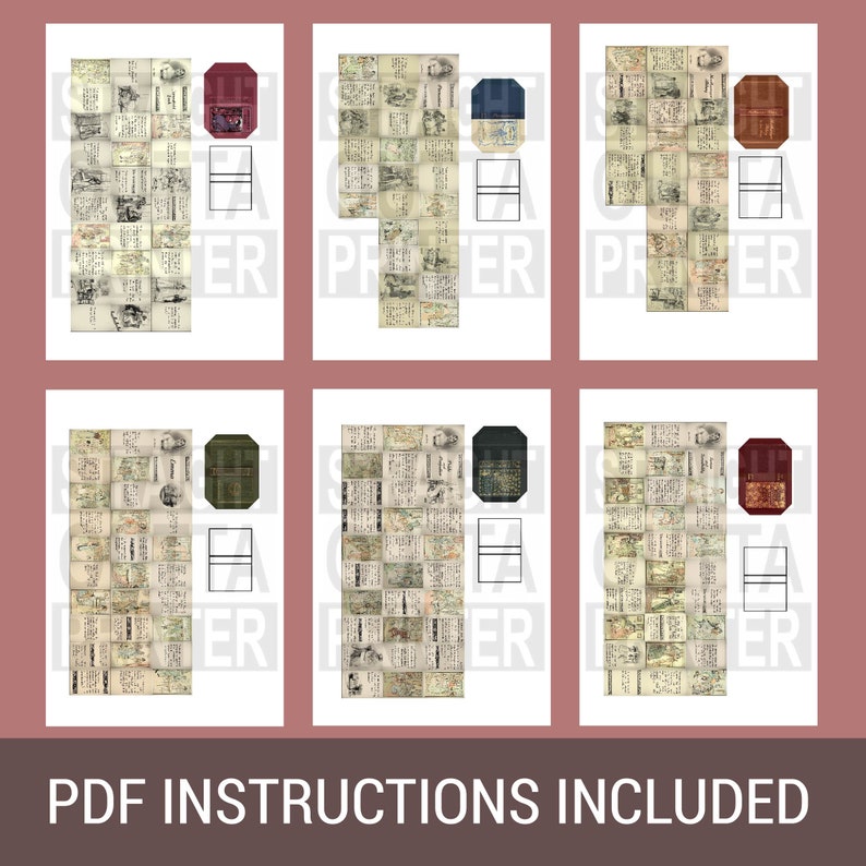 Op de afbeelding: Zes bedrukbare vellen met instructies voor het maken van een miniatuurboek. Elk vel heeft een ander omslagontwerp met een vintage esthetiek. De omslagen omvatten een rood, blauw, groen en bruin boek met een titel en auteur.