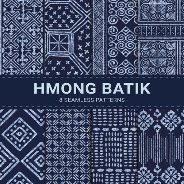 Hmong Batik Digital Paper Thai Indigo Batik Seamless Patterns Navy Blue Hand Drawn Textile Patterns Instant Download