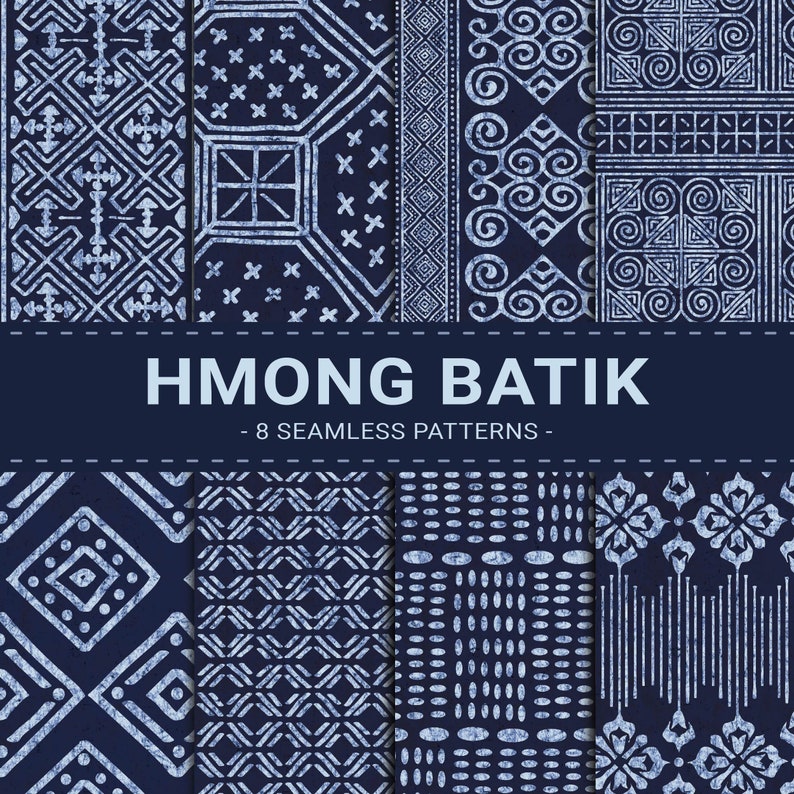 Hmong Batik Digital Paper Thai Indigo Batik Seamless Patterns Navy Blue