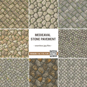 Può includere: Una collezione di texture di pavimentazione in pietra senza soluzione di continuità in vari modelli e colori, tra cui grigio, marrone e beige. L'immagine include il testo "MEDIEAVAL STONE PAVEMENT" e "- seamless jpg files -." Scale: 1:6, 1:12, 1:24.