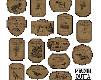 Etiquetas para pociones de Halloween: Imprimibles vintage de boticario de brujas (Descarga instantánea)
