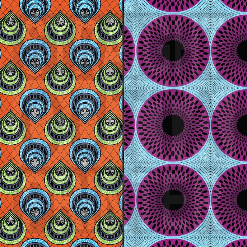 May include: Two seamless patterns with geometric designs. The first pattern features teardrop shapes with concentric circles in shades of blue, green, and black on an orange background. The second pattern features large circles with concentric circles in shades of purple, black, and blue on a light blue background.