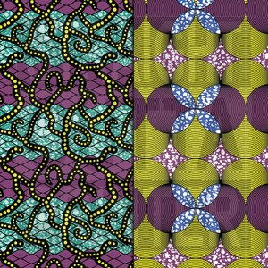 K&ouml;nnte beinhalten: Zwei nahtlose Muster im Stil eines lebendigen afrikanischen Wachsdrucks. Das linke Muster zeigt eine schwarze Ranken mit gelben Punkten auf einem lila und blauen Hintergrund. Das rechte Muster zeigt ein gelbes und violettes Kreisdesign mit einer blauen Mitte.