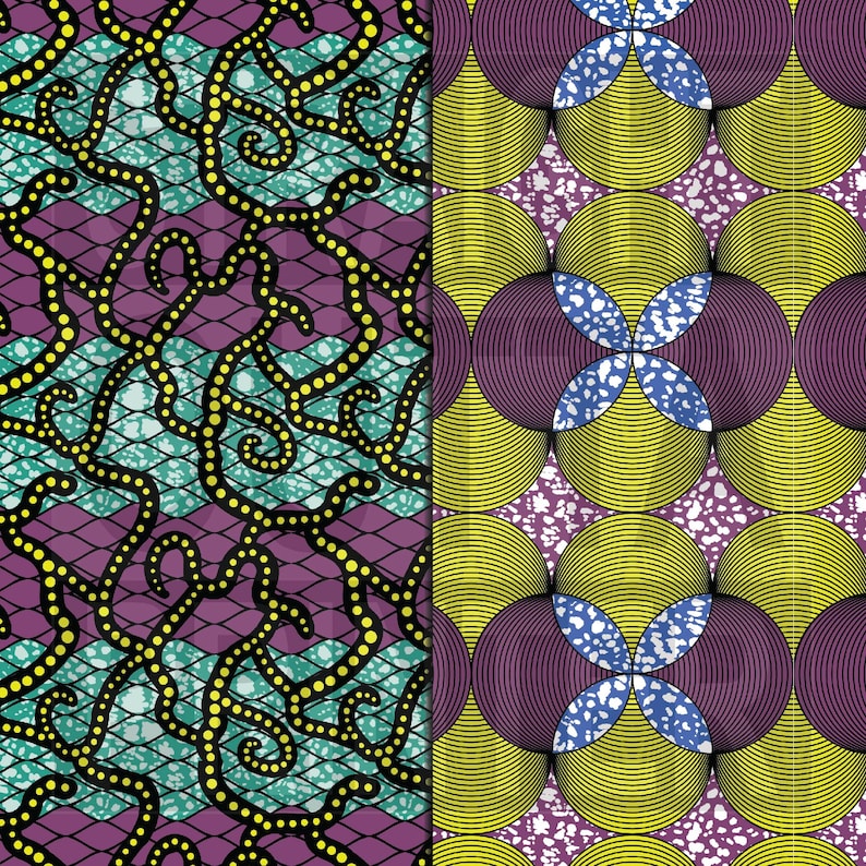 K&ouml;nnte beinhalten: Zwei nahtlose Muster im Stil eines lebendigen afrikanischen Wachsdrucks. Das linke Muster zeigt eine schwarze Ranken mit gelben Punkten auf einem lila und blauen Hintergrund. Das rechte Muster zeigt ein gelbes und violettes Kreisdesign mit einer blauen Mitte.