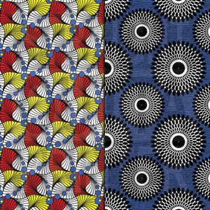 K&ouml;nnte beinhalten: Zwei Stoffmuster mit geometrischen Designs. Das linke Muster zeigt ein sich wiederholendes Design aus gelben, roten, blauen und wei&szlig;en geschwungenen Linien. Das rechte Muster zeigt ein sich wiederholendes Design aus schwarzen und wei&szlig;en Kreisen auf blauem Hintergrund.