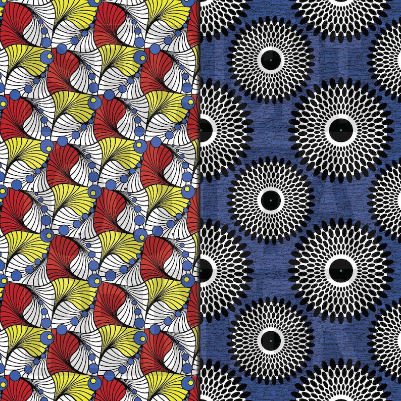 K&ouml;nnte beinhalten: Zwei Stoffmuster mit geometrischen Designs. Das linke Muster zeigt ein sich wiederholendes Design aus gelben, roten, blauen und wei&szlig;en geschwungenen Linien. Das rechte Muster zeigt ein sich wiederholendes Design aus schwarzen und wei&szlig;en Kreisen auf blauem Hintergrund.