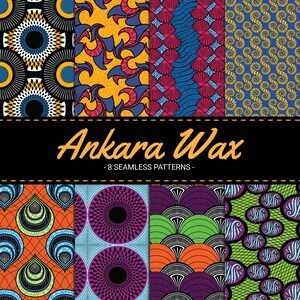 Puede incluir: Ocho patrones sin costuras coloridos inspirados en la tela de cera Ankara. Los patrones presentan formas geométricas, remolinos y motivos florales en colores vibrantes como rojo, azul, verde, amarillo y morado.
