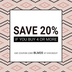 May include: An advertisement with the text "SAVE 20%" in large, bold, black letters. Below, it reads "IF YOU BUY 4 OR MORE" on a black background. The bottom text says "USE COUPON CODE BLM20 AT CHECKOUT". The background has a geometric pattern.