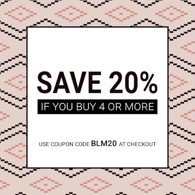 May include: An advertisement with the text "SAVE 20%" in large, bold, black letters. Below, it reads "IF YOU BUY 4 OR MORE" on a black background. The bottom text says "USE COUPON CODE BLM20 AT CHECKOUT". The background has a geometric pattern.