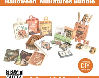 Set de miniaturas de Halloween - Bolsas, cajas, postales, carteles, papel de regalo, caramelos... - Decoración de casa de muñecas DIY imprimible