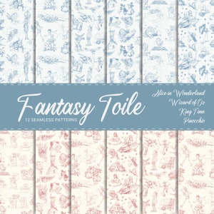 Fantasy Toile Digital Paper - Alice in Wonderland Toile Seamless Patterns - Wizard of Oz Toile Digital Paper - Pinocchio Seamless Patterns