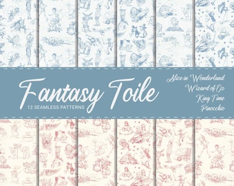 Fantasy Toile Digital Paper - Alice in Wonderland Toile Seamless Patterns - Wizard of Oz Toile Digital Paper - Pinocchio Seamless Patterns