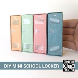 May include: Four miniature school lockers in orange, light green, pink, and blue. Each locker features a vertical rectangular door with horizontal ventilation slats, a small handle, and a white label at the top. The lockers have a textured finish.